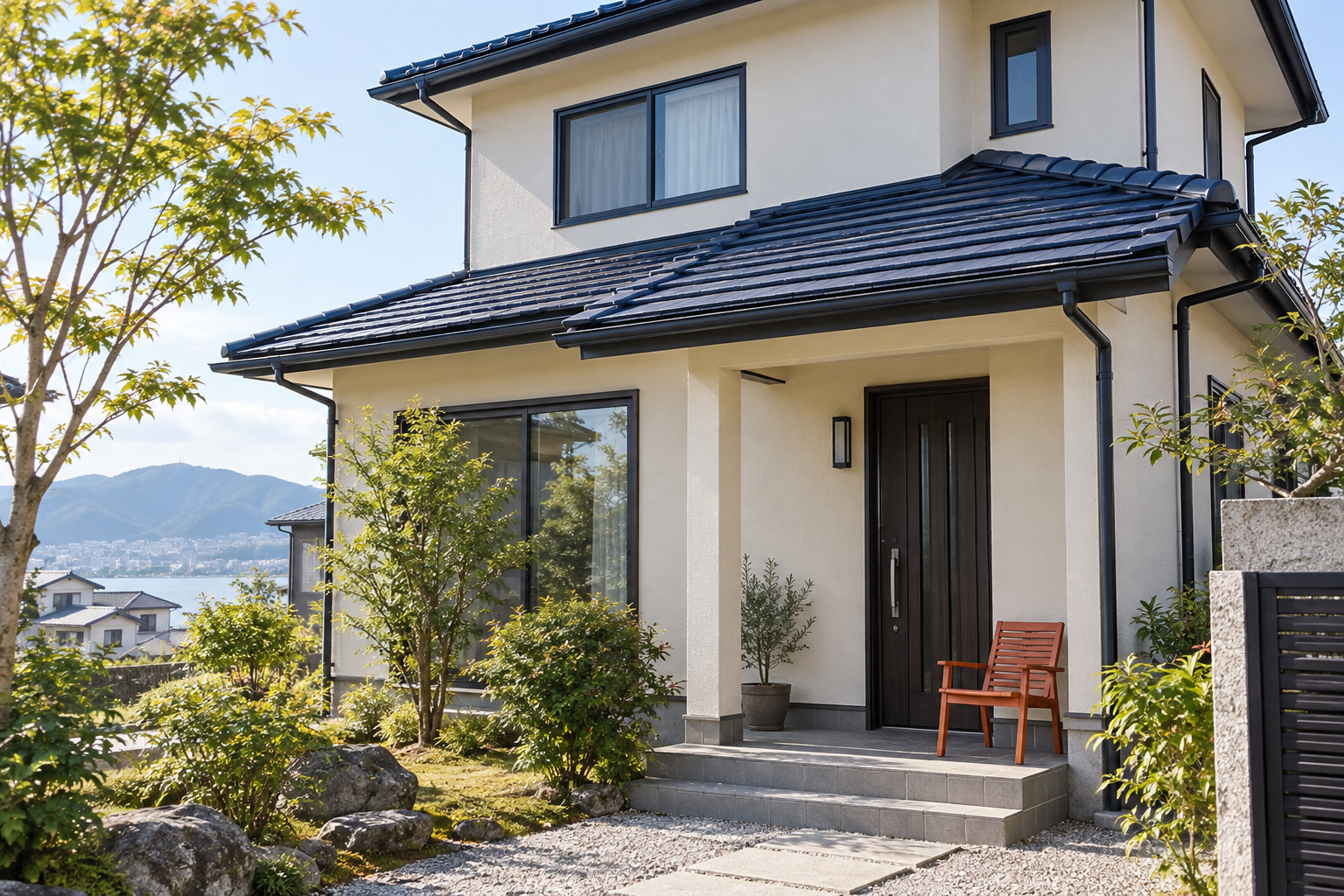 塗り替えた住まいと庭の椅子のイメージ